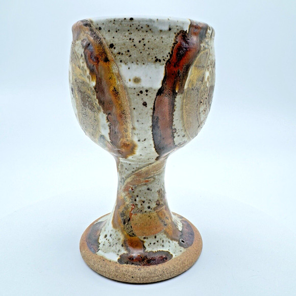 Studio Art Pottery Goblet Chalice Cup Textured Glazed Brown Gray Stoneware #4 - Picture 1 of 10